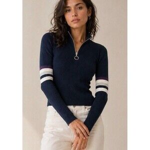 Urban Outfitters Ribbed Knit Top Women M Navy Half Zip Mock Neck Stripes